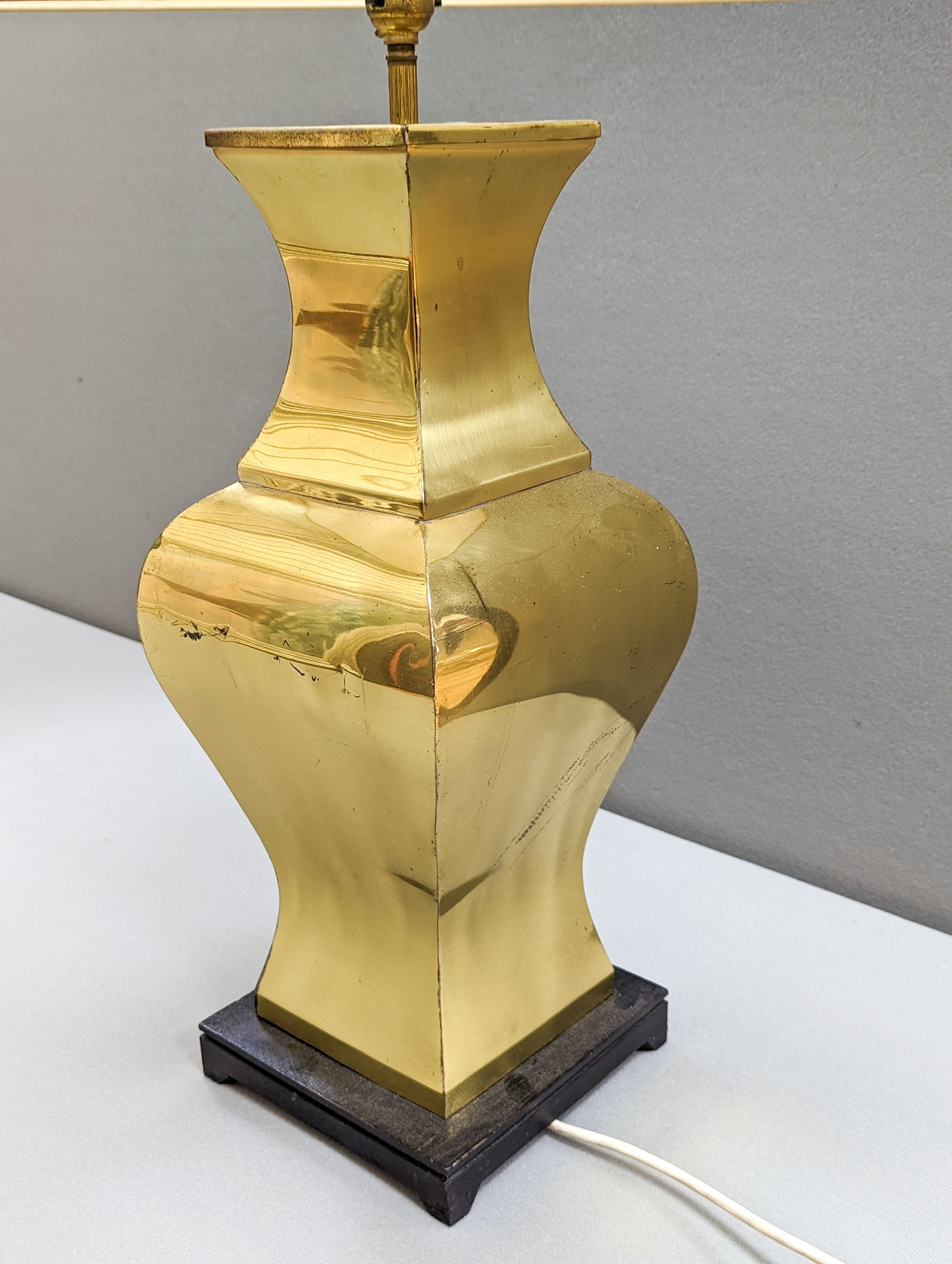A Chinese brass lamp base with shade. Total height 92cm